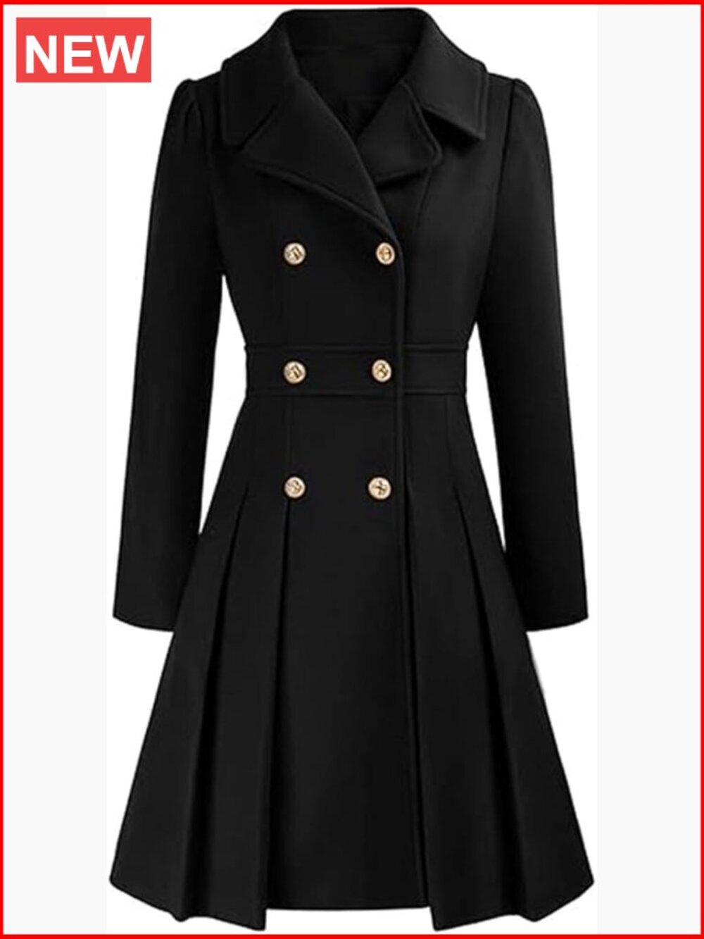 Double Breasted Trench Coat Notch Lapel A-Line Flared Pleated Wool Blend Pea - Picture 1 of 5